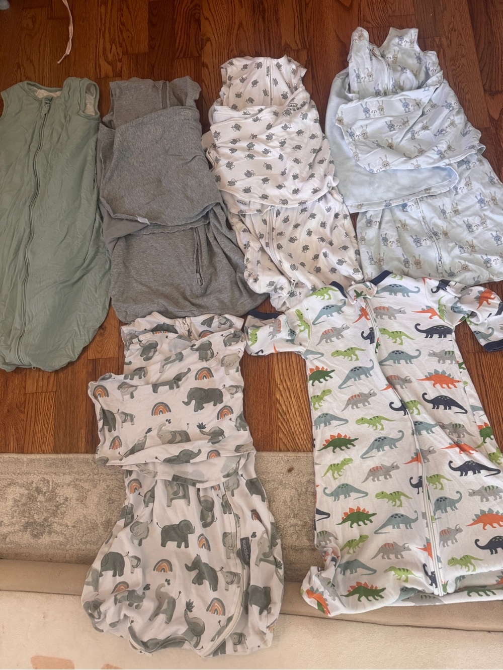 Halo Infant Sleep Sacks and Zip Pajamas in Sage, Gray, White with Animal Prints